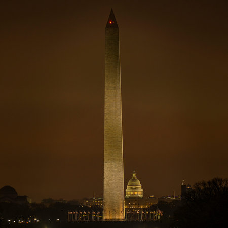 Night at Lincoln Memorial with a view of US Capitol Building and Washington Monument
