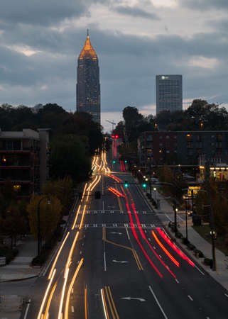 Atlanta downtown modern city night skyline over the interstate, Georgia, USA.のeditorial素材