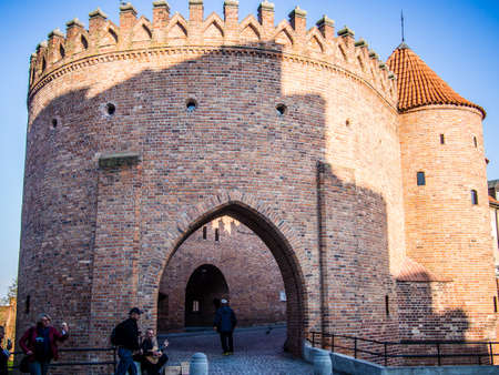 Facade of traditional Polish restaurant in the old town of Warsaw, Poland.のeditorial素材