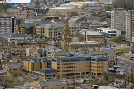 Aerial photo of the famous Piece Hall in the Blackledge area of Halifax in Calderdale in West Yorkshire, England, showing the historic stone build building in the town centre.のeditorial素材