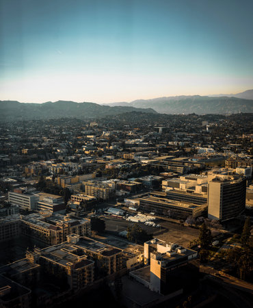 Aerial view of clear dawn morning in the Hollywood neighborhood near downtown LA.のeditorial素材