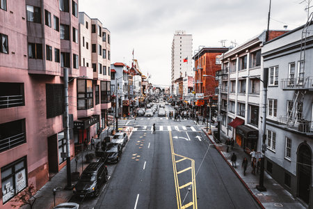City street in financial district skyline. High-rise office buildings and skyscrapers.のeditorial素材