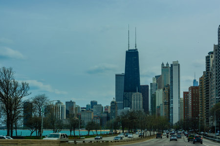 aerial elevated view up above the Chicago River Downtown loop business district looking north from...
