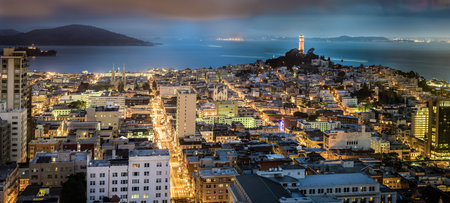 Night view towards San Francisco Bay and Telegraph Hill in California.