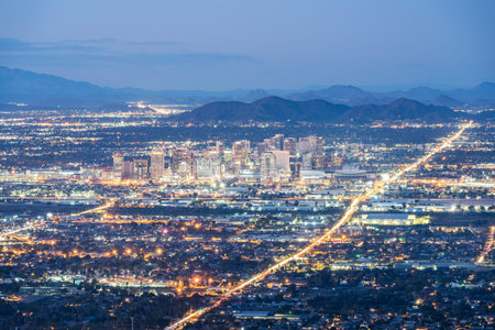Aerial view of Phoenix Arizona skyline at sunset