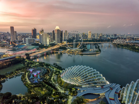Supertree Grove and flower dome. Garden by the bay in Marina Bay area in Singapore City. Aerial view at sunset