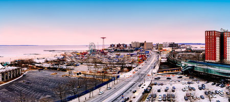 High resolution panoramic image of Coney Island beach and the Luna Park amusement park