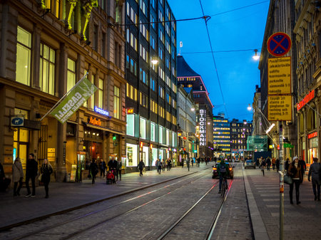 Street of the capital of Finland Helsinki. The usual city bustleのeditorial素材