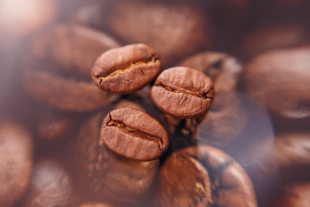 Several roasted coffee beans lie on a coffee bean photo. horizontal photo. high quality photo