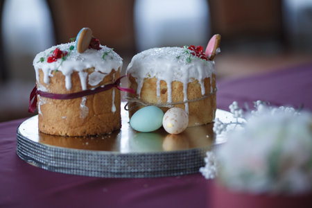 two Easter cakes and colored eggs. High quality photo