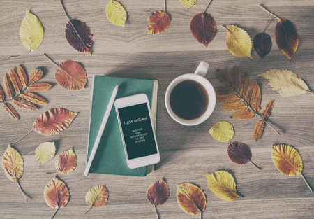 The book, the phone and a cup of tea on a wooden table with colorful autumn leaves, business concept with space for text, advertising, and any other design.