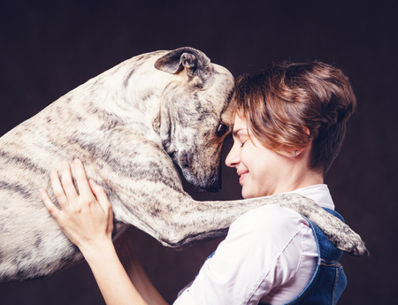 Beautiful young woman with a funny shaggy dog on a dark background. Love, care, friendshipの写真素材