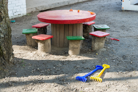 Table stools toys on the playground in kindergartenの写真素材