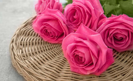 Pink roses. Romantic background. Mothers, Valentines, Womens, Wedding Day. Top view with copy space. Place for textの写真素材