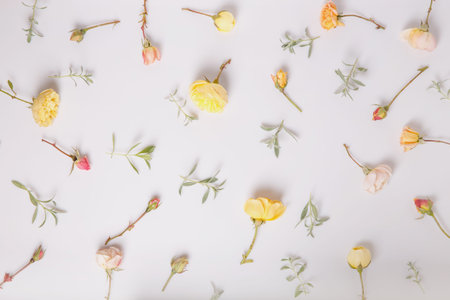 Festive flower composition on the white wooden background. Overhead viewの写真素材