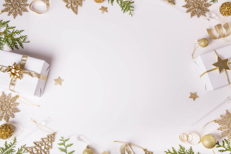 Christmas holiday composition. Festive creative golden pattern, xmas gold decor holiday ball with ribbon, snowflakes, christmas tree on white background.の写真素材