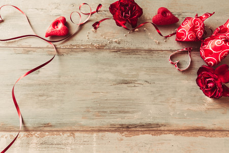 Valentines day background. Valentines day table place setting Wooden table with copy spaceの写真素材