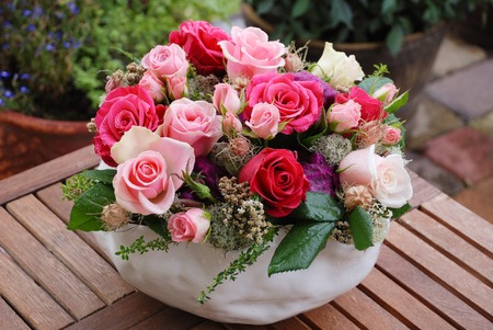 Luxury bouquet made of red, white, pink roses in flower shop . Birthday, Mother's, Valentines, Women's, Wedding Day conceptの写真素材
