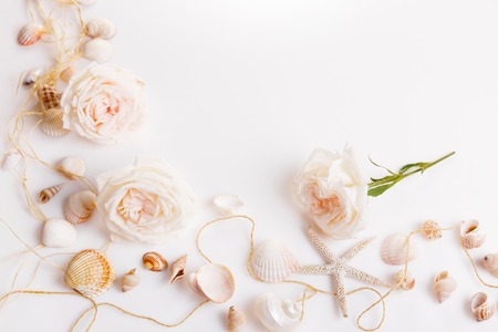 Festive flower composition on the white wooden background. Overhead viewの写真素材