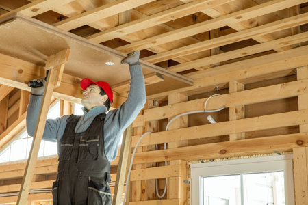 Construction worker thermally insulating eco wooden frame house