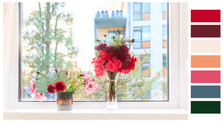 Autumn window. Autumn bouquets of flowers, cosmea, asters, geranium in fall winter 2019 2020 colors...