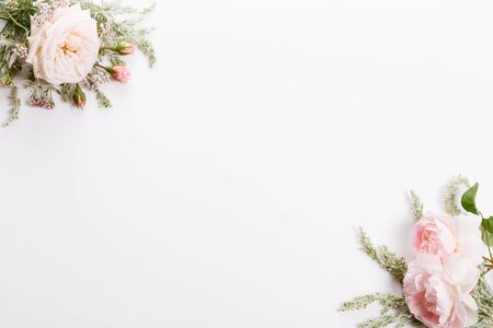 Festive flower composition on the white background. Overhead viewの写真素材