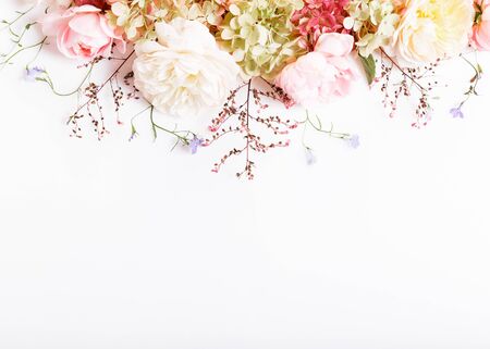 Festive flower composition on the white background. Overhead viewの写真素材