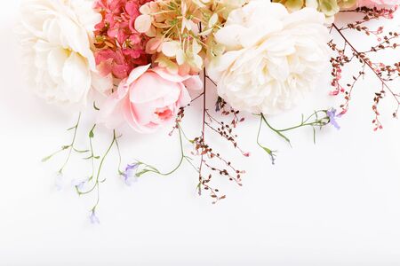 Festive flower composition on the white background. Overhead viewの写真素材