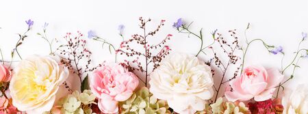 Festive flower composition on the white background. Overhead viewの写真素材