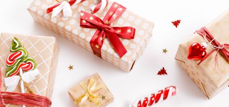 Christmas background, Christmas present red gifts box and decorating elements on white background.の写真素材