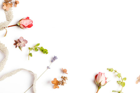 Festive flower composition on the white background. Overhead view