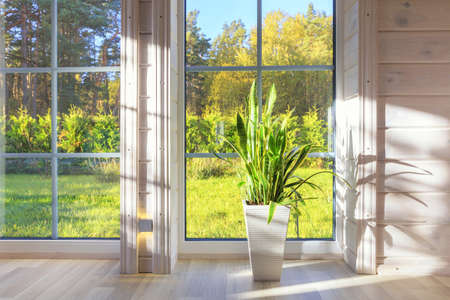Bright photo studio interior with big window, high ceiling, white wooden floorの写真素材