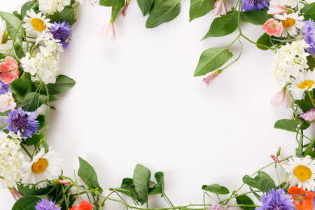 Spring or summer frame of wildflowers, floral arrangement on white background.の写真素材
