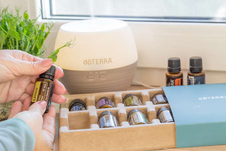 Riga, Latvia - April 8, 2021: doTERRA Home Essentials Kit essential oils. Natural, quality essential oils.のeditorial素材