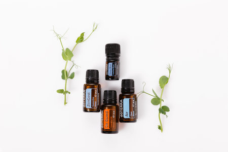 Riga, Latvia - April 8, 2021: doTERRA Home Essentials Kit essential oils. Natural, quality essential oil blends.のeditorial素材
