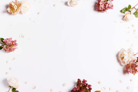 Roses, hydrangea. Flower composition on white background.の写真素材