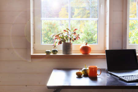Comfortable, modern workplace in a wooden house in autumn, Scaninavian style.の写真素材
