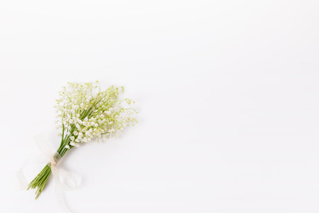 Lily of the valley on a blue paper textured background.の写真素材