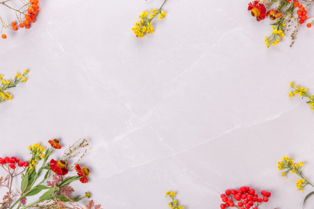 Autumn composition. Frame of autumn flowers, leaves of rowan berries on a stone background. Fall, thanksgiving concept. Flat lay, top viewの写真素材