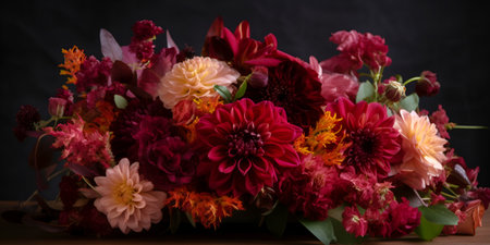 Autumn bouquet dahlias flowers in red, burgundy colors on dark background.の素材
