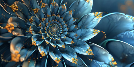 Beautiful abstract blue flower with gold veins and pollen, petals arranged in fibonacci spiralの素材