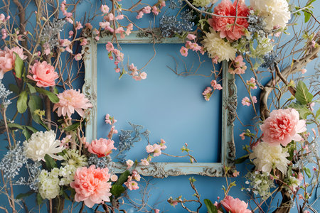 Wicker wooden frame decorated with spring tulip flowers, empty space for textの素材