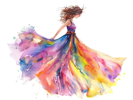 Graceful girl dances in a flowing colorful rainbow dress on a white background. Watercolor drawing. Symbol of springの素材