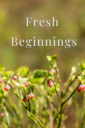 Vertical floral banner with blueberry blossoms and elegant serif quote Fresh Beginnings, soft green background, nature inspiration, spring growth concept for wellness, branding, template designの写真素材