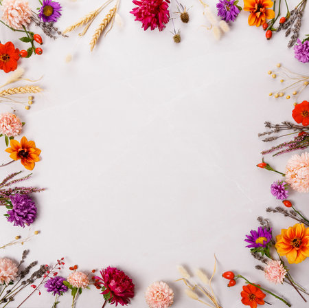 Square floral frame with colorful autumn flowers, dried plants and empty center for seasonal branding, social media, wellness packaging, organic cosmetics, natural lifestyle projectsの写真素材