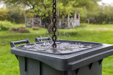 Rainwater chain splashes into plastic barrel in backyard garden, eco water harvesting solution for sustainable lifestyle, climate adaptation, rural off-grid living, green environment conceptの写真素材