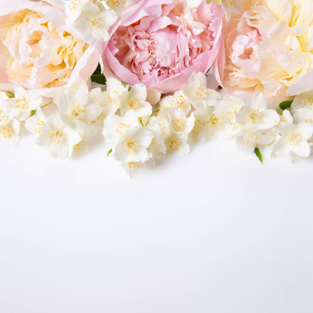 Square floral layout with soft peonies and blooming jasmine on white background. Perfect for social media posts, beauty branding, thank you cards and minimalist templatesの写真素材
