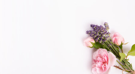 Pink garden roses, lavender bouquet, green leaves, craft rope, white background, natural cosmetics, floral banner, spa packaging, organic skincare, summer solstice, aromatherapy conceptの写真素材