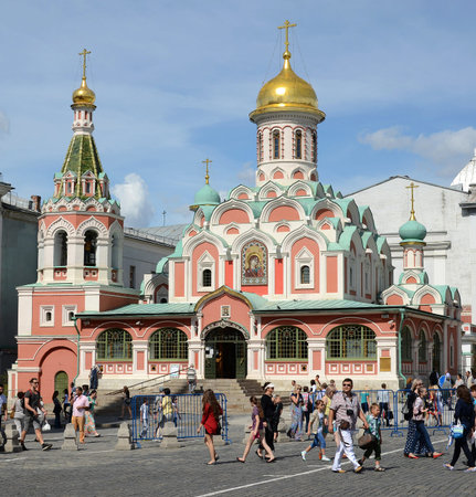 MOSCOW, RUSSIA - JULY 18, 2013: Unidentified people are walking near the famous Kazan Cathedral on...