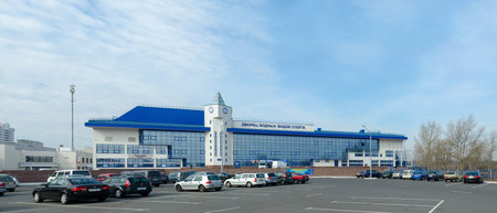 GOMEL, BELARUS - MARCH 27, 2015: Car parking near the Contemporary Palace of water sports in Gomel, Belarus. The Palace was built in 2009-2013のeditorial素材